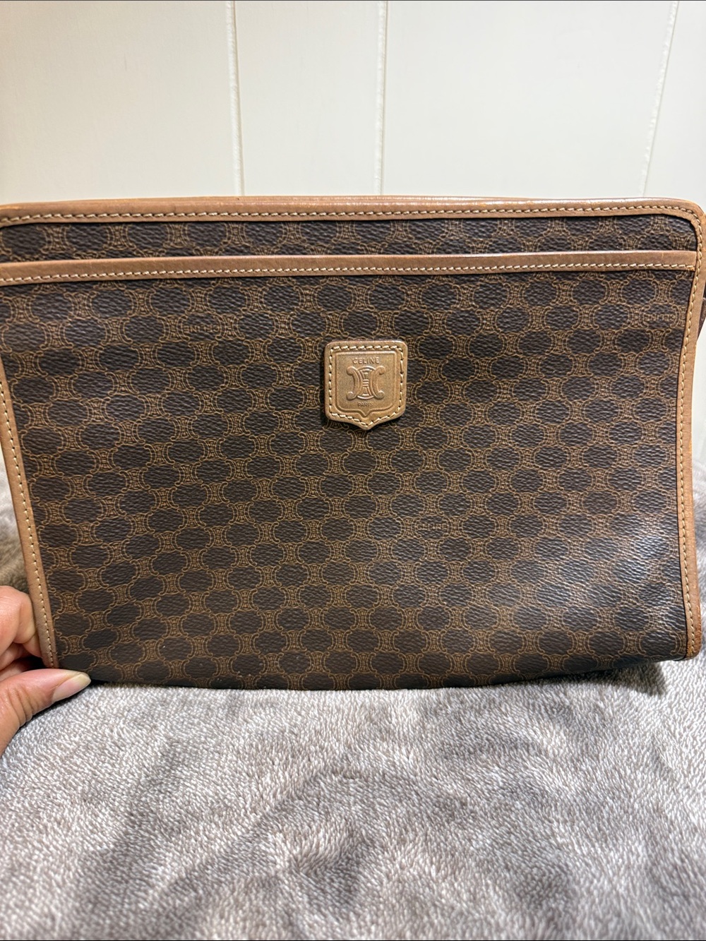 Celine Brown Patterned Leather Toiletry Pouch with Tan Trim